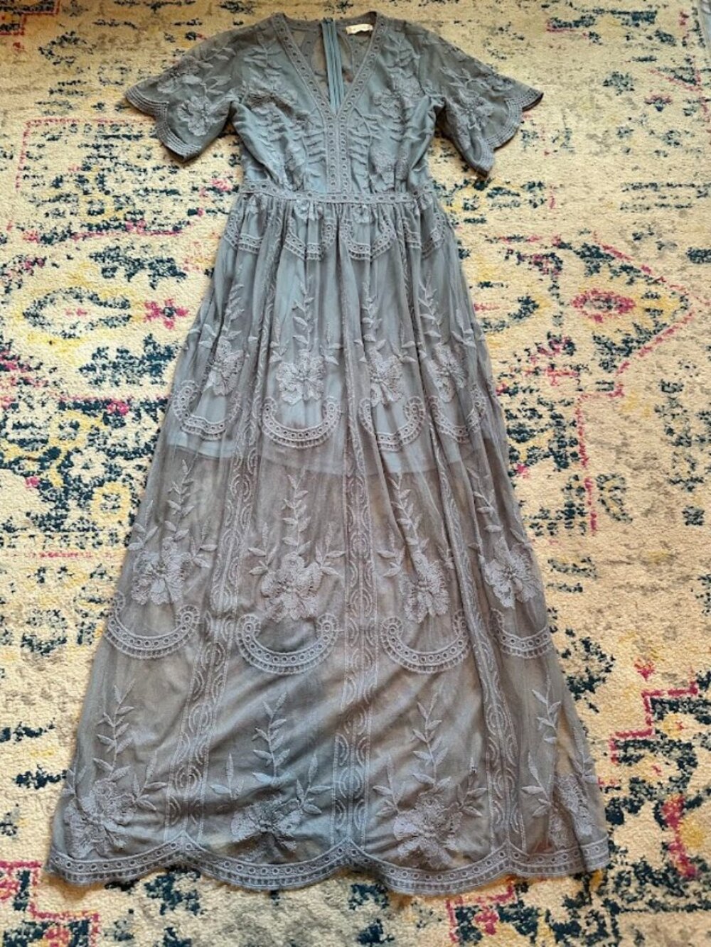 Altar'd State Blue Gray Marionette Floral Lace Overlay Maxi Dress - Small